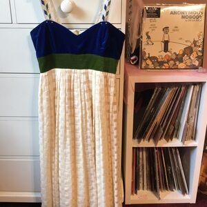 Anthropologie Rare Madchen Sillitoe Velvet Corset Silk Midi Dress Cream 6 Blue
